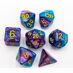CHC: Light Blue/Purple Set of 7 Fusion Polyhedral Dice with Gold Numbers