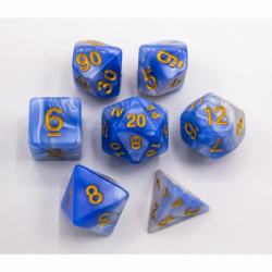 CHC: Light Blue/White Set of 7 Fusion Polyhedral Dice with Gold Numbers