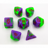 CHC: Neon Green/Purple Set of 7 Fusion Polyhedral Dice with Red Numbers