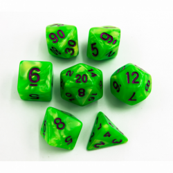 CHC: Neon Green Set of 7 Marbled Polyhedral Dice with Purple Numbers