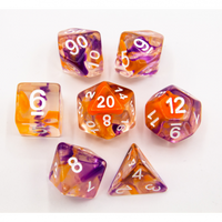 CHC: Orange/Purple Set of 7 Swirl Set Polyhedral Dice with White Numbers