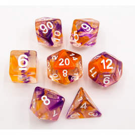 CHC: Orange/Purple Set of 7 Swirl Set Polyhedral Dice with White Numbers