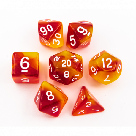CHC: Orange/Yellow Set of 7 Special Set Polyhedral Dice with White Numbers