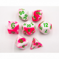 CHC: Pink/White Set of 7 Fusion Polyhedral Dice with Green Numbers