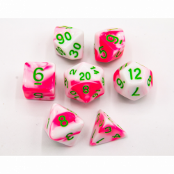 CHC: Pink/White Set of 7 Fusion Polyhedral Dice with Green Numbers