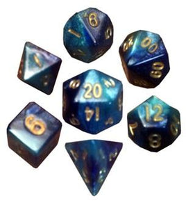 Mini Polyhedral Dice Set -Dark Blue/Light Blue with Gold Numbers