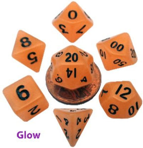 Mini Polyhedral Dice Set - Glow Orange with Black Numbers