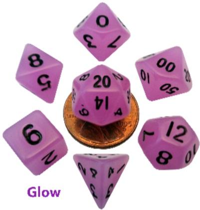 Mini Polyhedral Dice Set - Glow Purple with Black Numbers