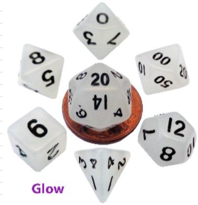 Mini Polyhedral Dice Set - Glow Clear with Black Numbers
