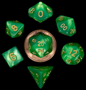 Mini Polyhedral Dice Set - Green/Light Green with Gold Numbers