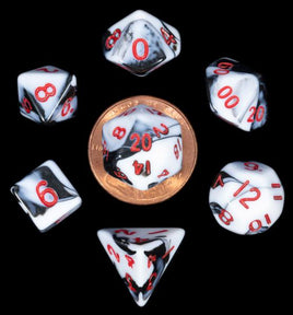 Mini Polyhedral Dice Set - Marble with Red Numbers