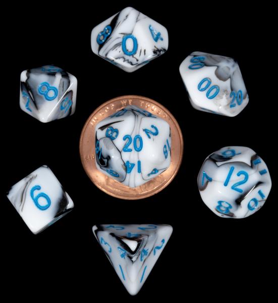 Mini Polyhedral Dice Set - Marble with Blue Numbers