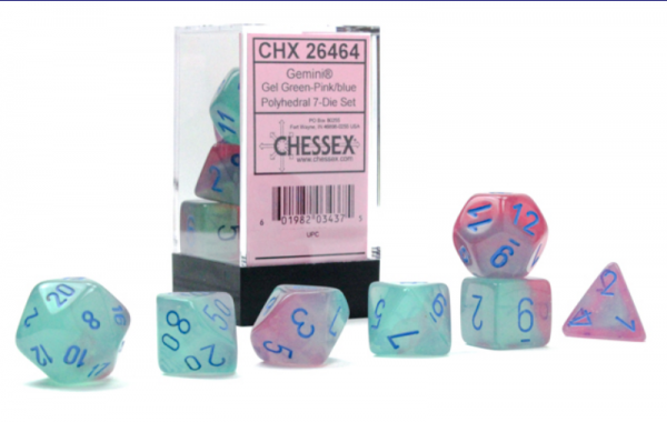 Chessex: Gemini RPG Dice - Polyhedral Gel Green-Pink/Blue Luminary