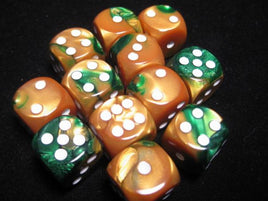Chessex: Gold-Green/White Gemini 16mm d6 (12)