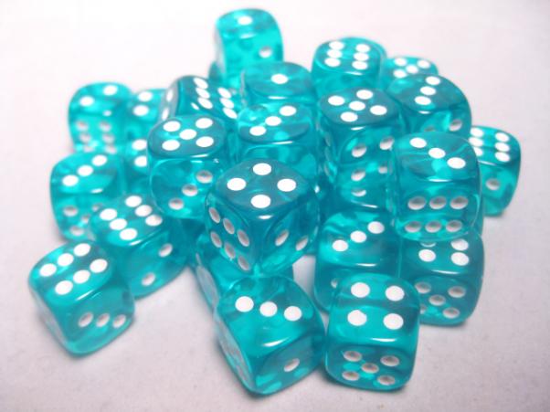 Chessex: Translucent Teal/White 12mm d6 (36)