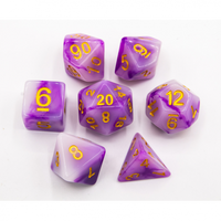 CHC: Purple/Yellow Set of 7 Jade Fusion Polyhedral Dice with Gold Numbers