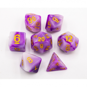 CHC: Purple/Yellow Set of 7 Jade Fusion Polyhedral Dice with Gold Numbers