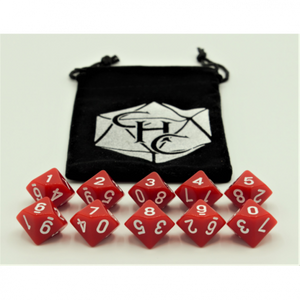 CHC: Red Set of 10 D10's Marbled Dice with White Numbers
