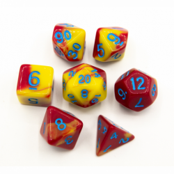 CHC: Red/Yellow Set of 7 Fusion Polyhedral Dice with Blue Numbers