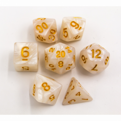CHC: White Set of 7 Marbled Polyhedral Dice with Gold Numbers