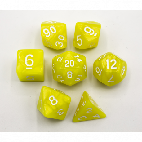 CHC: Yellow Set of 7 Marbled Polyhedral Dice with White Numbers